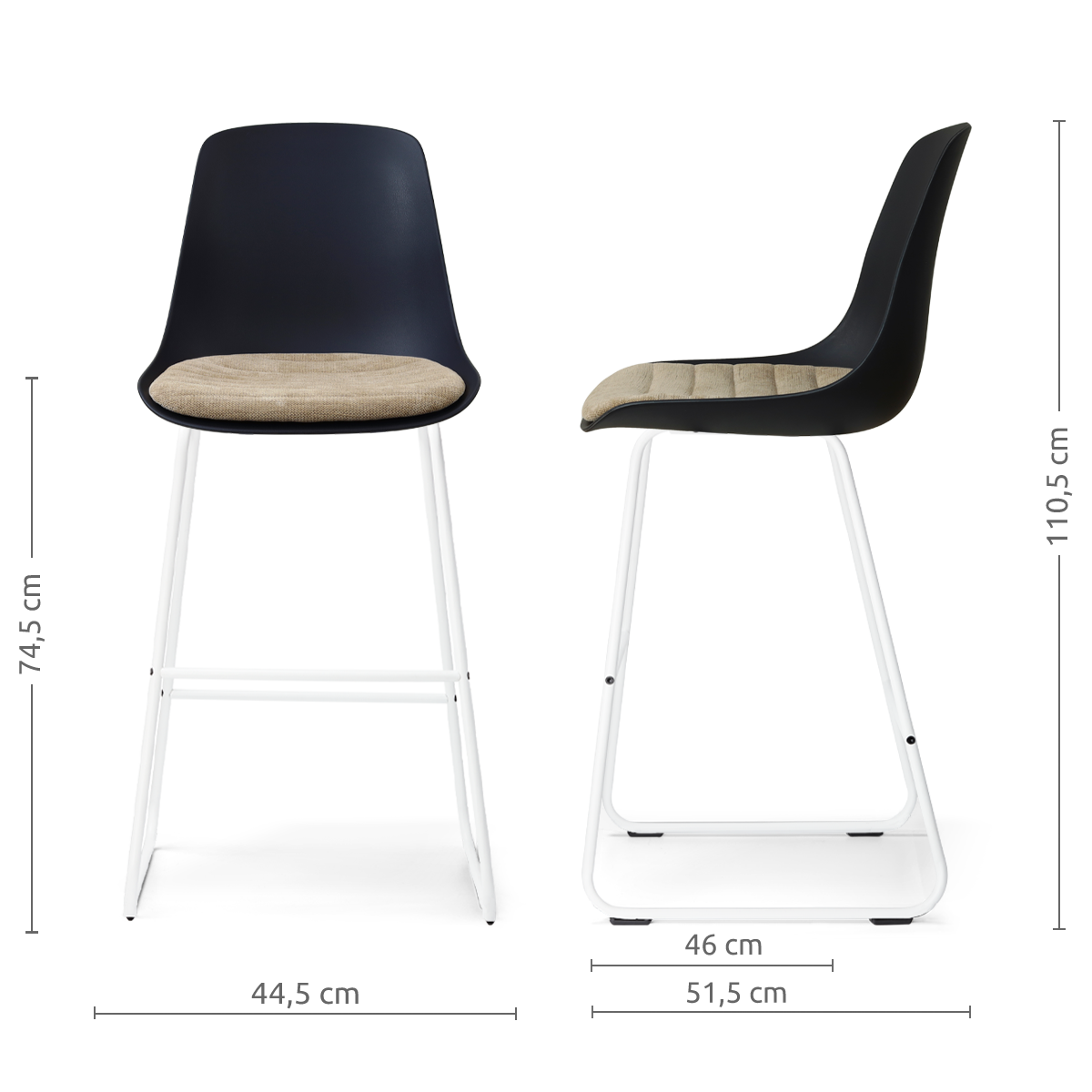 Nino-Liv barkruk zwart met nougatbruin zitkussen - wit onderstel - 75 cm