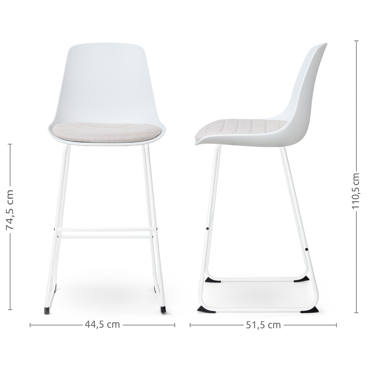 Nino-Liv barkruk wit en beige zitkussen - wit onderstel - 75 cm