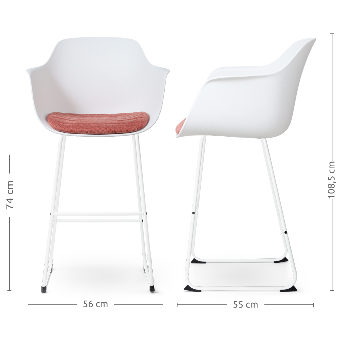 Nino-Liz barkruk wit met terracotta rood zitkussen - wit onderstel - 75 cm