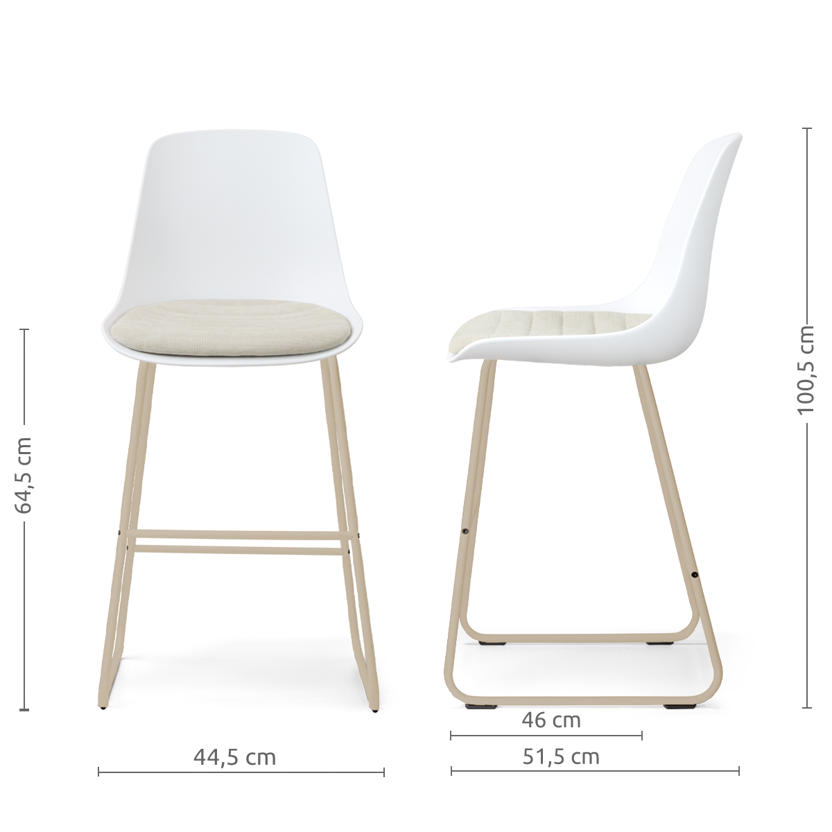 Nino-Liv barkruk wit met naturelbeige zitkussen - beige onderstel - 65 cm