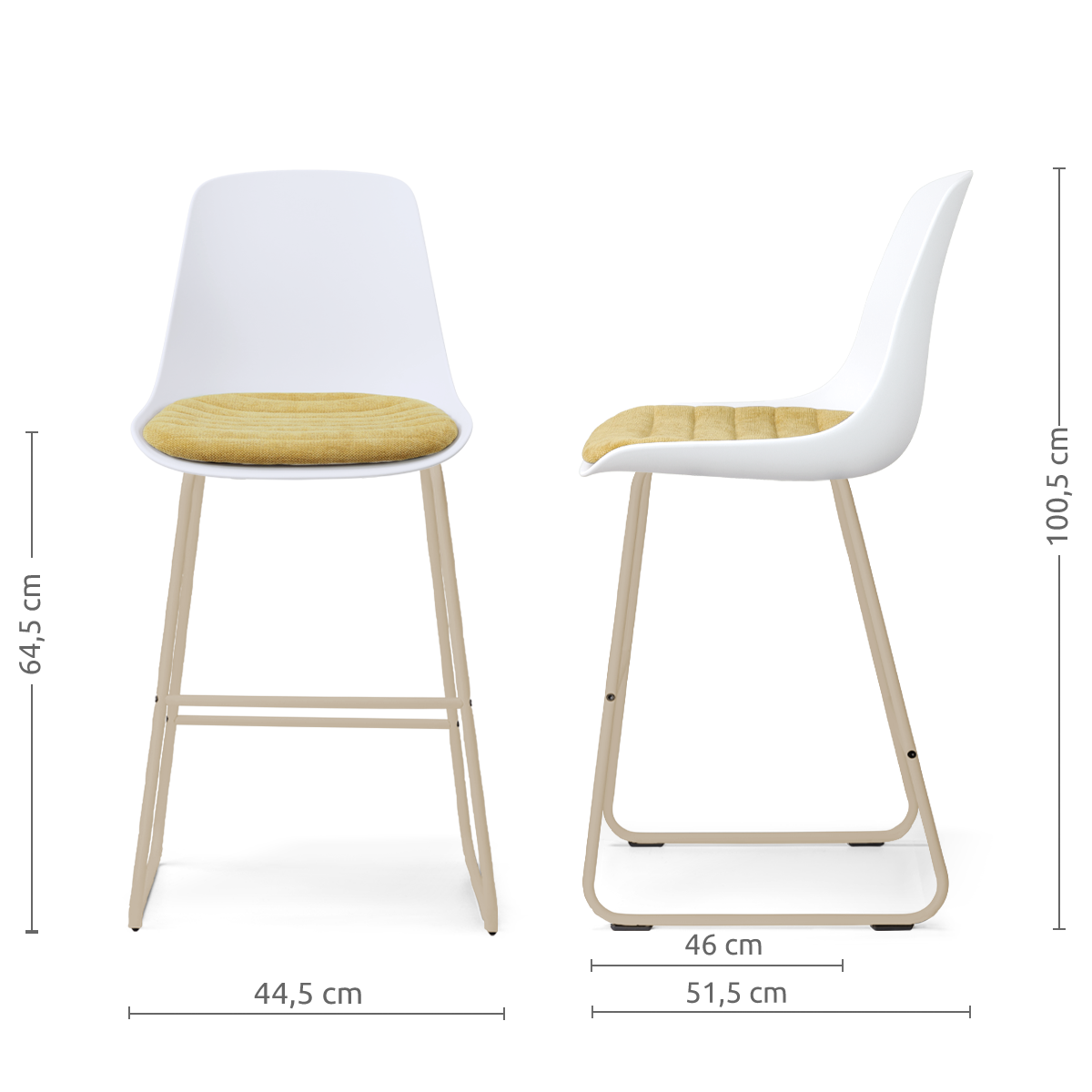 Nino-Liv barkruk wit met warm oker zitkussen - beige onderstel - 65 cm