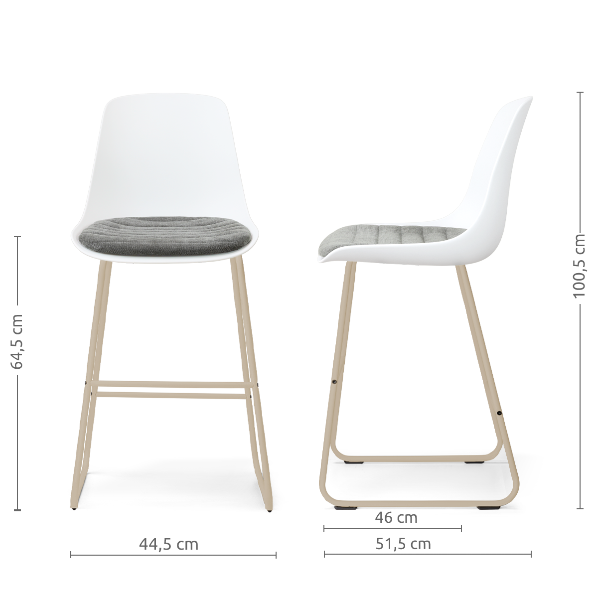 Nino-Liv barkruk wit met zeegrijs zitkussen - beige onderstel - 65 cm