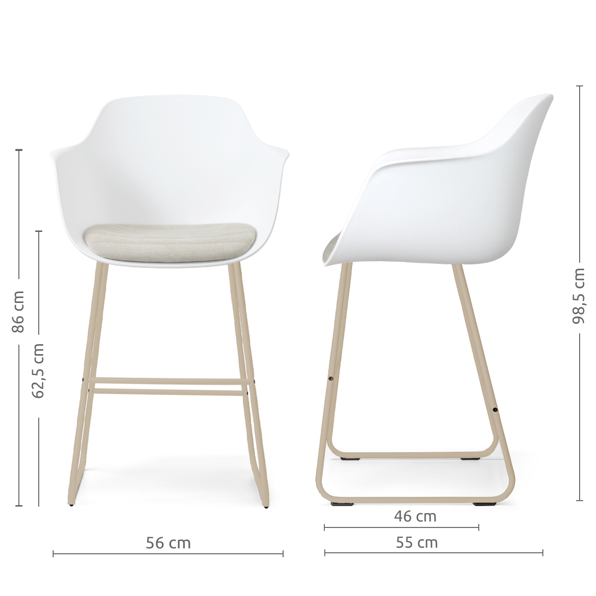 Nino-Liz barkruk wit met naturelbeige zitkussen - beige onderstel - 65 cm