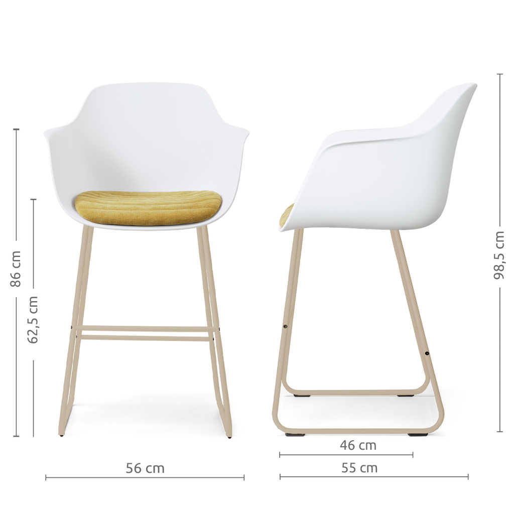 Nino-Liz barkruk wit met warm oker zitkussen - beige onderstel - 65 cm