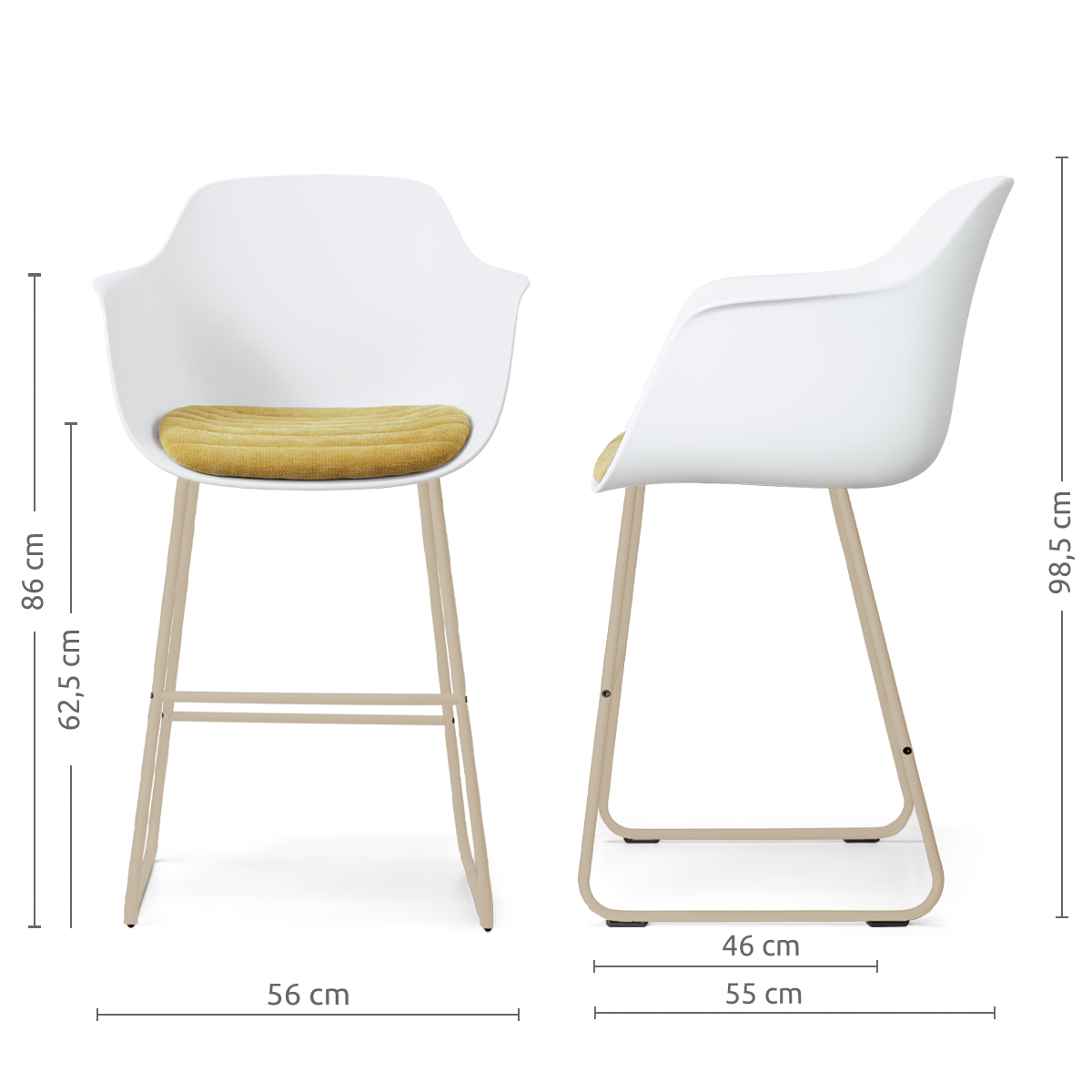 Nino-Liz barkruk wit met warm oker zitkussen - beige onderstel - 65 cm