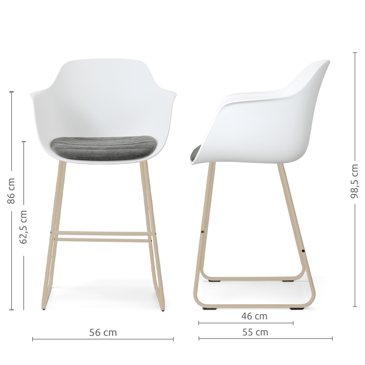 Nino-Liz barkruk wit met zeegrijs zitkussen - beige onderstel - 65 cm