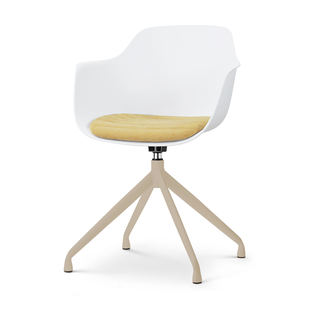 Nola-Liz draaibare eetkamerstoel wit met warm oker zitkussen - beige onderstel