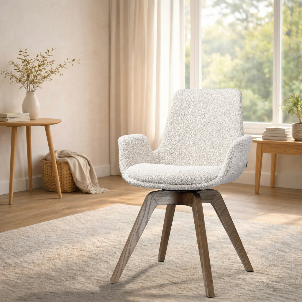 Noor-Eef draaibare eetkamerstoel bouclé beige - walnoot houten onderstel