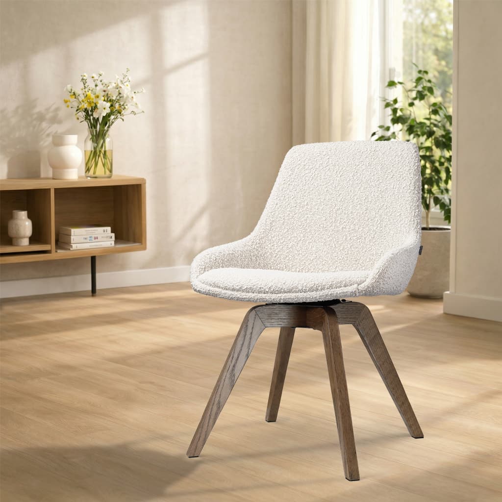Noor-Isa draaibare eetkamerstoel bouclé beige - walnoot houten onderstel