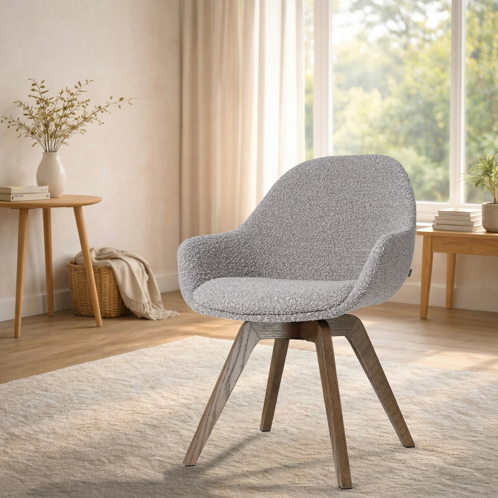 Noor-Mae draaibare eetkamerstoel bouclé taupe - walnoot houten onderstel