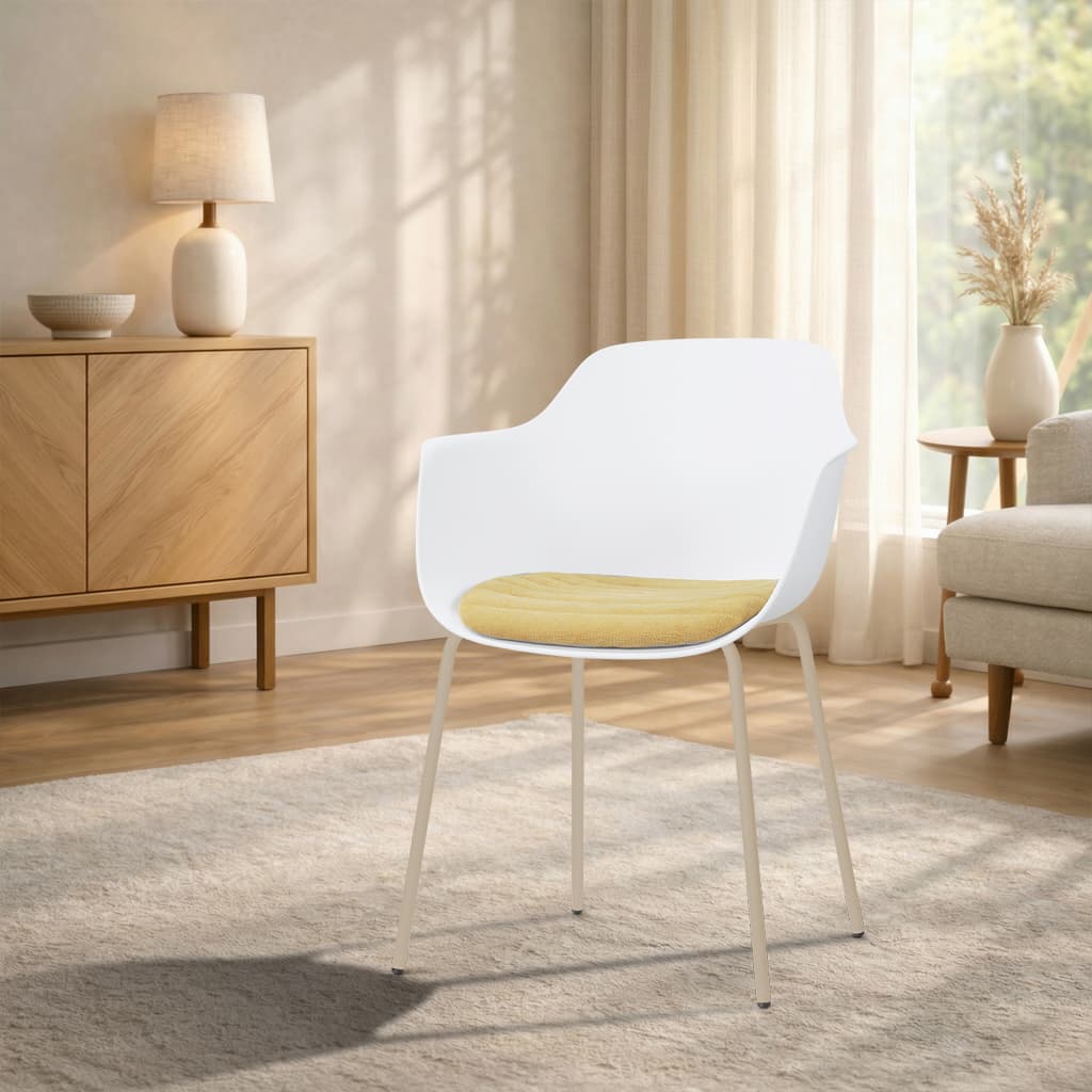 Nora-Liz eetkamerstoel wit met warm oker zitkussen - beige onderstel
