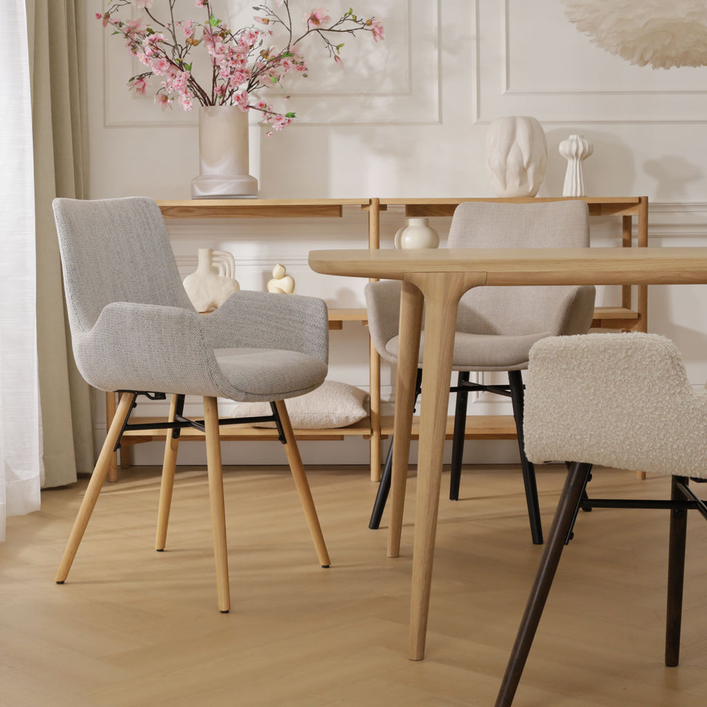 Nena-Eef eetkamerstoel beige gemêleerd - walnoot houten onderstel