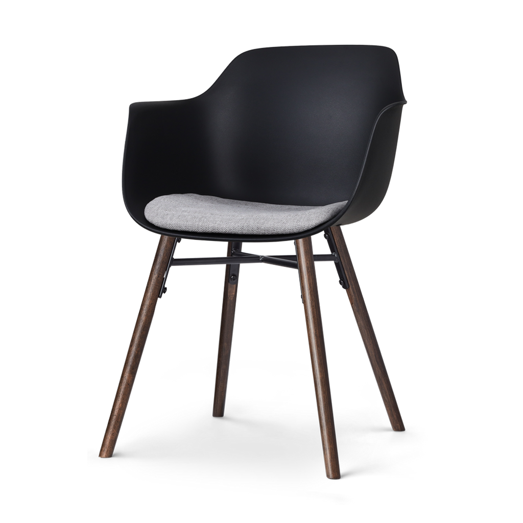 Nena-Liz eetkamerstoel zwart met lichtgrijs zitkussen - walnoot houten onderstel