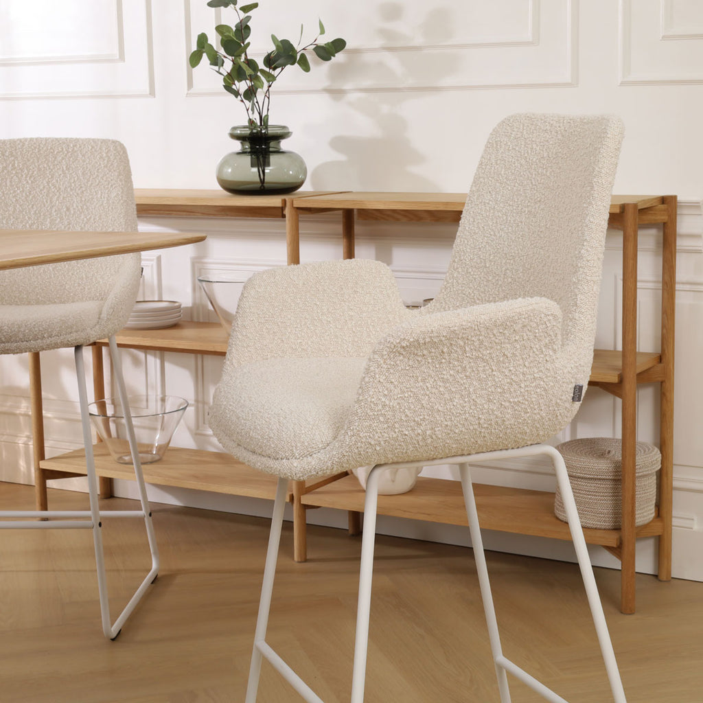 Nino-Eef barkruk bouclé beige - wit onderstel - 75 cm