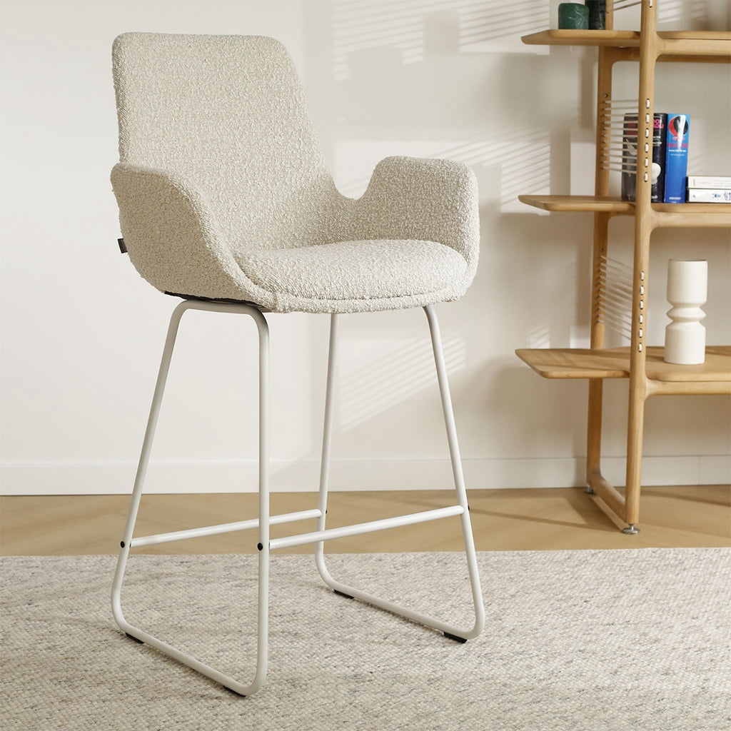 Nino-Eef barkruk bouclé beige - wit onderstel - 75 cm