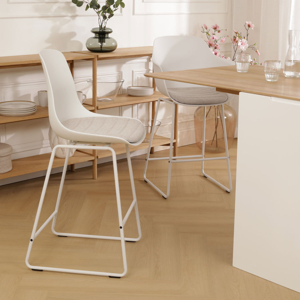Nino-Liv barkruk wit met beige zitkussen - wit onderstel - 65 cm