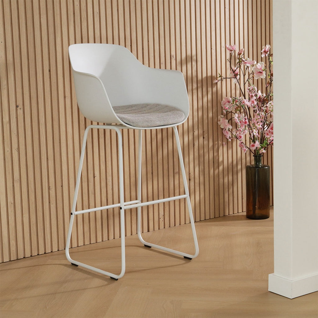 Nino-Liz barkruk wit en beige zitkussen - wit onderstel - 75 cm