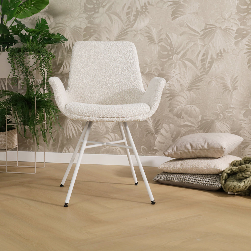 Noa-Eef eetkamerstoel bouclé beige - wit onderstel