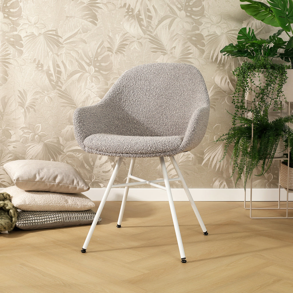 Noa-Mae eetkamerstoel bouclé taupe - wit onderstel